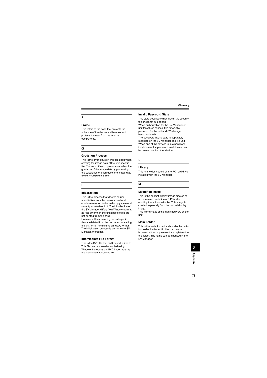 Brother SV-100B appendix Frame, Gradation Process, Invalid Password State, Initialization, Intermediate File Format 