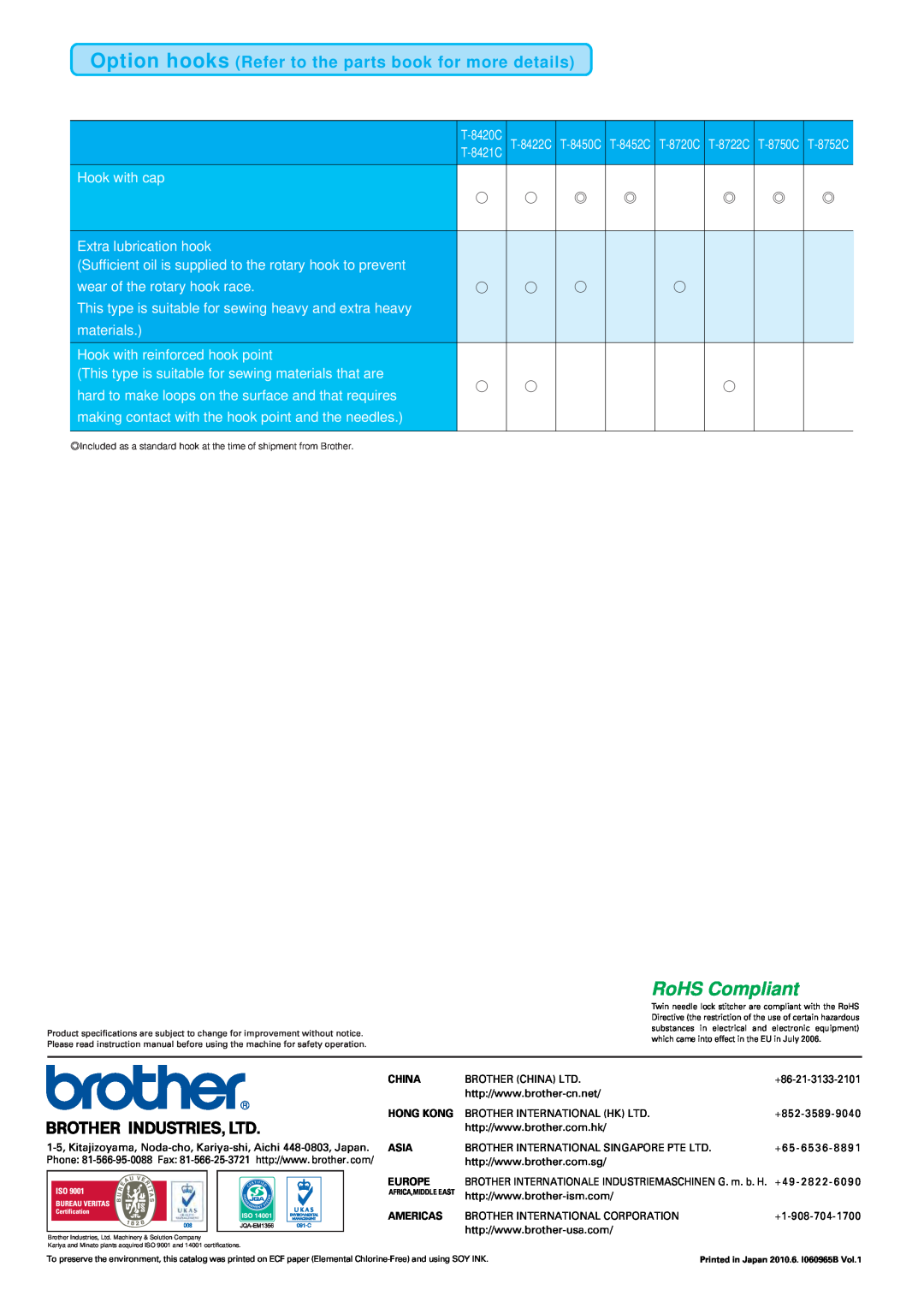 Brother T-8421C manual RoHS Compliant, Option hooks Refer to the parts book for more details 