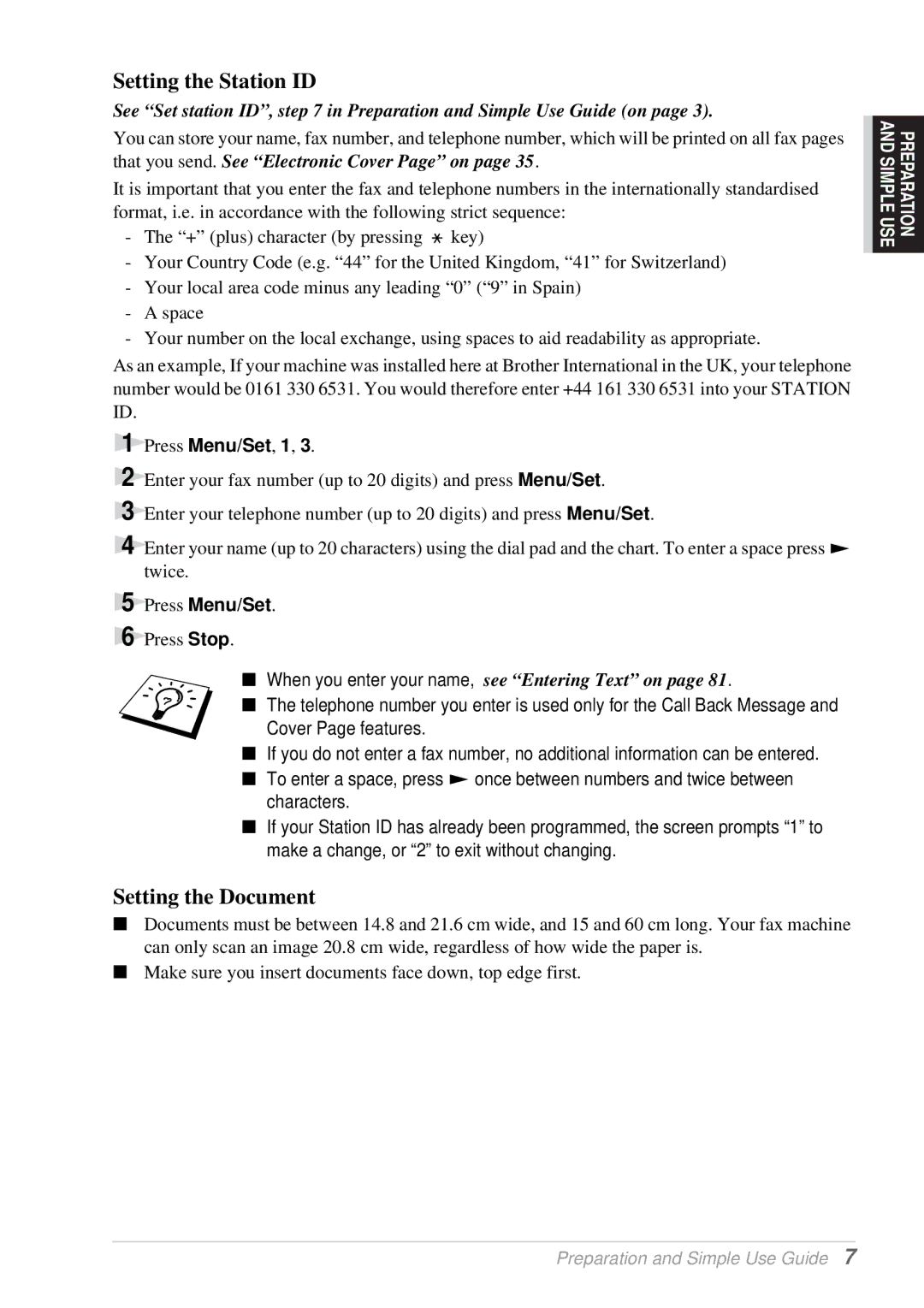 Brother T76 See Set station ID, in Preparation and Simple Use Guide on, When you enter your name, see Entering Text on 