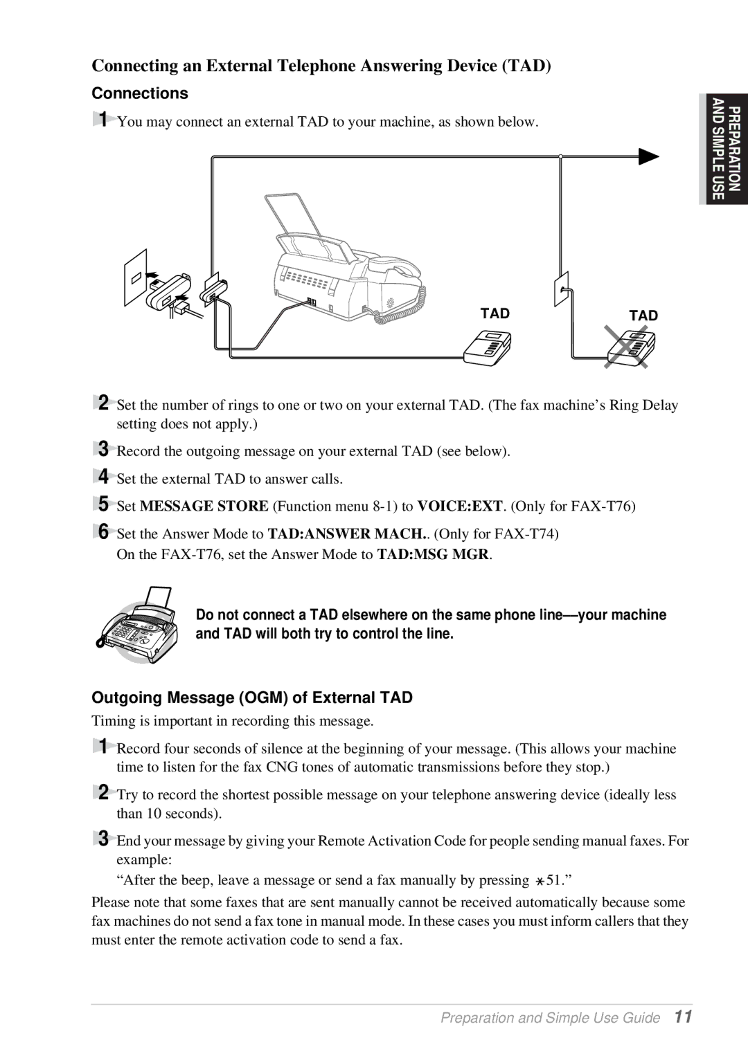 Brother T76, T74 owner manual Connections, Outgoing Message OGM of External TAD 