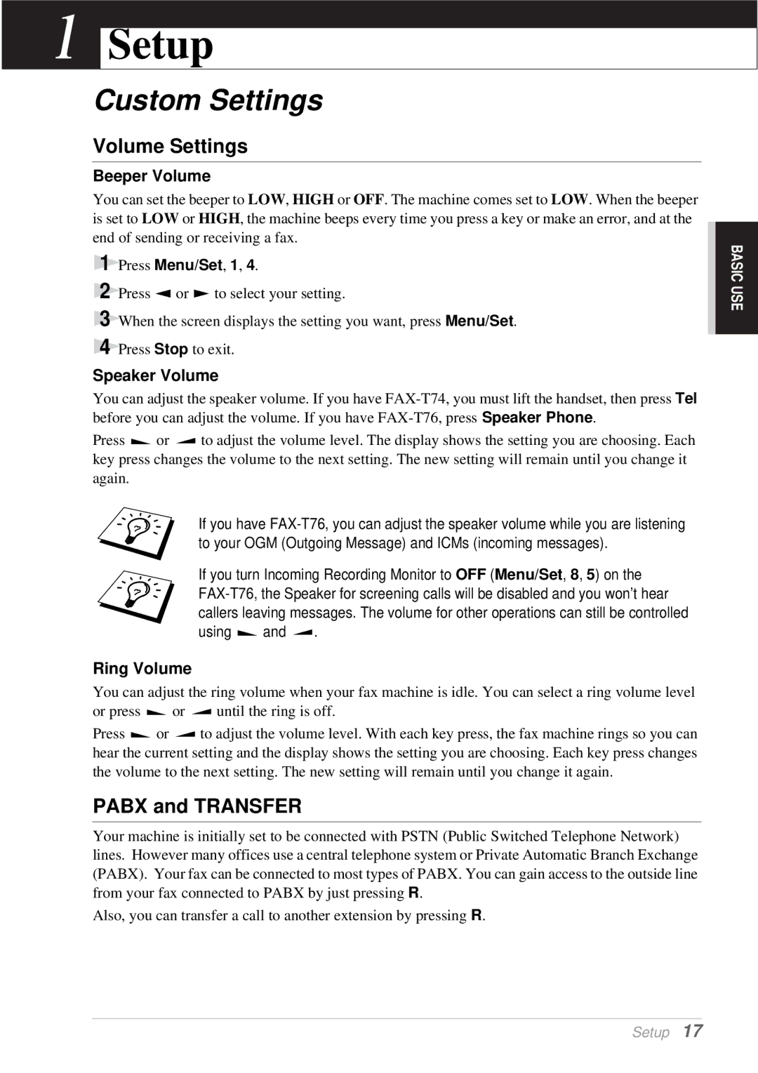 Brother T76, T74 owner manual Setup, Custom Settings, Volume Settings, Pabx and Transfer 