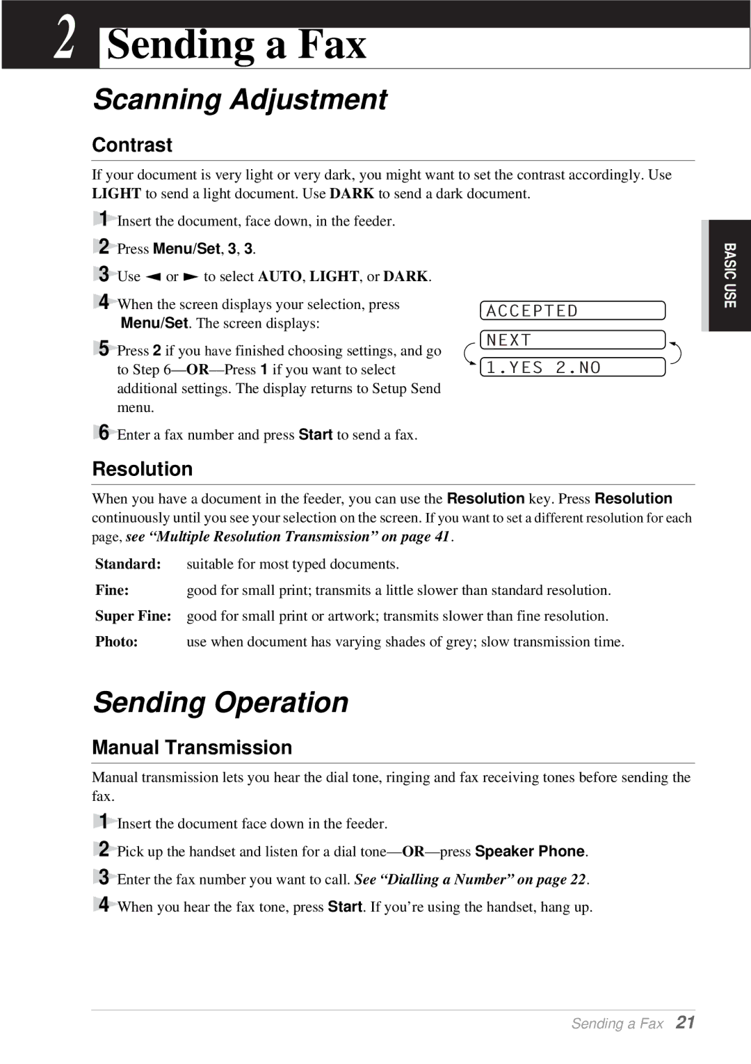 Brother T76, T74 owner manual Sending a Fax, Scanning Adjustment, Sending Operation, Contrast, Manual Transmission 