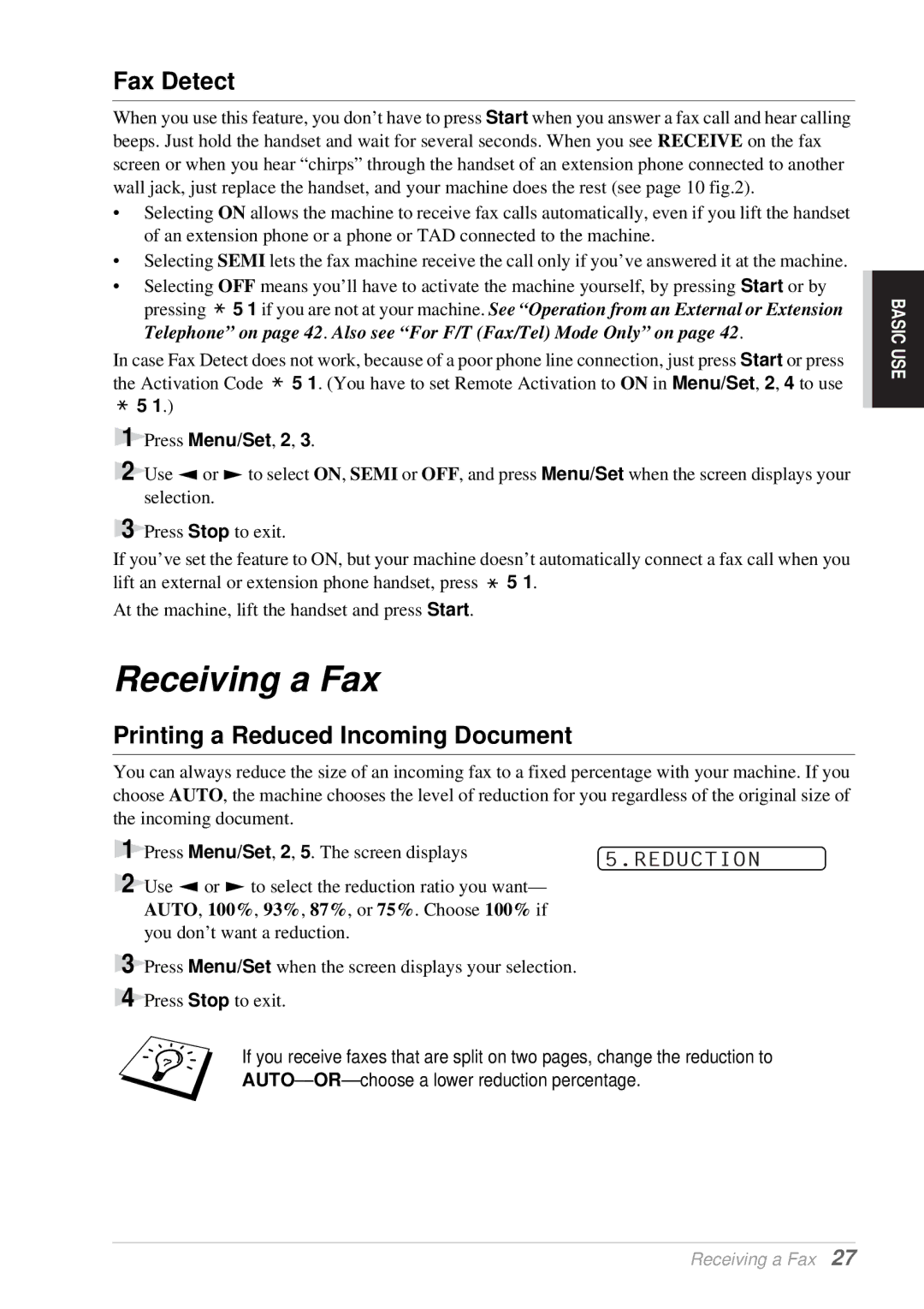 Brother T76, T74 owner manual Receiving a Fax, Fax Detect, Printing a Reduced Incoming Document, Reduction 