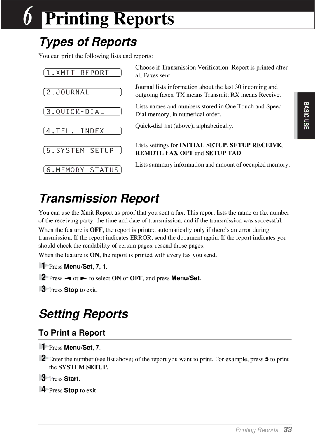 Brother T76, T74 owner manual Printing Reports, Types of Reports, Transmission Report, Setting Reports, To Print a Report 