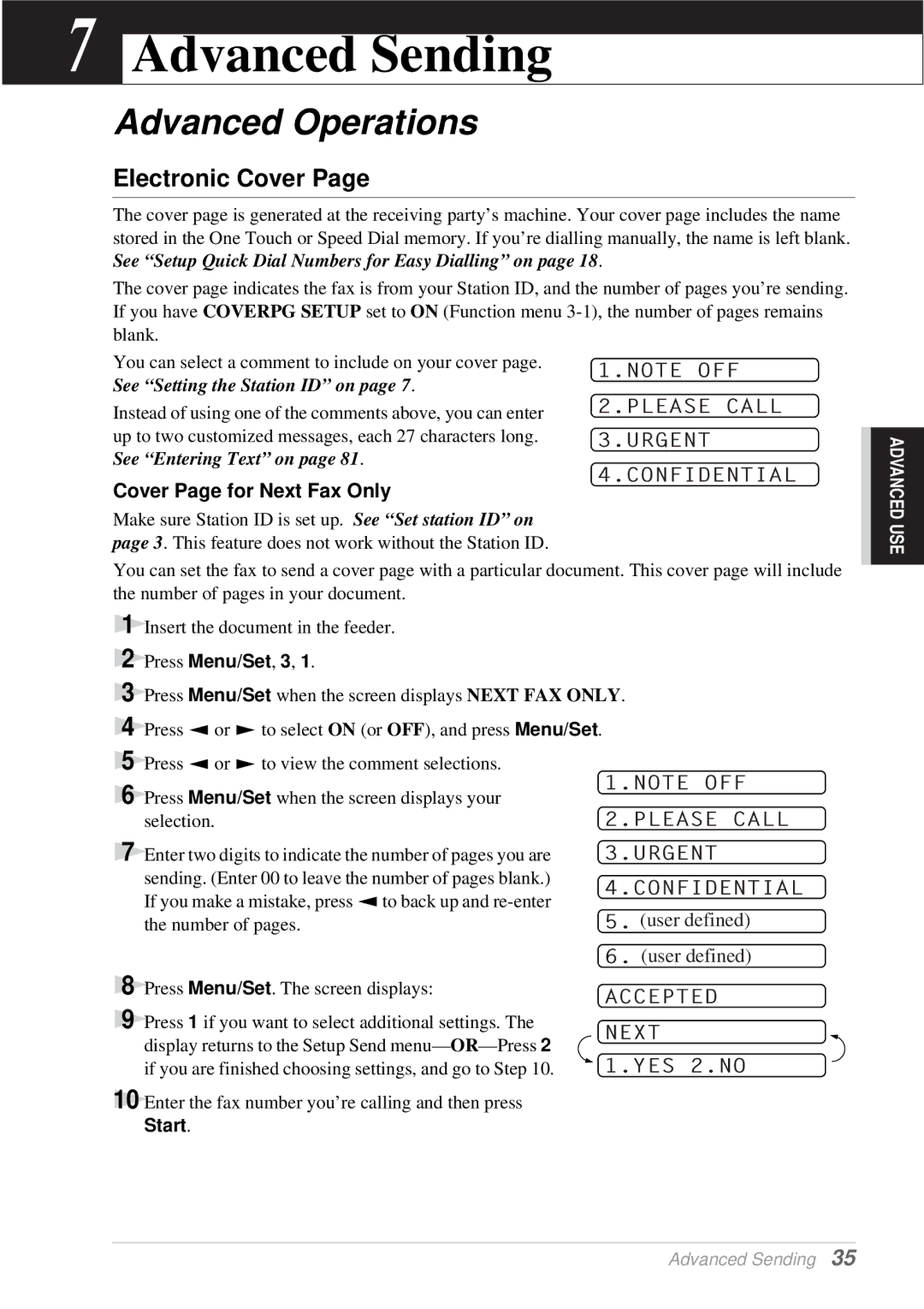 Brother T76, T74 owner manual Advanced Sending, Advanced Operations, Electronic Cover, Cover Page for Next Fax Only 