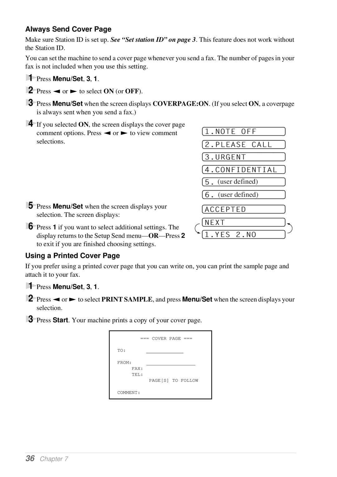 Brother T74, T76 owner manual Always Send Cover, Using a Printed Cover 