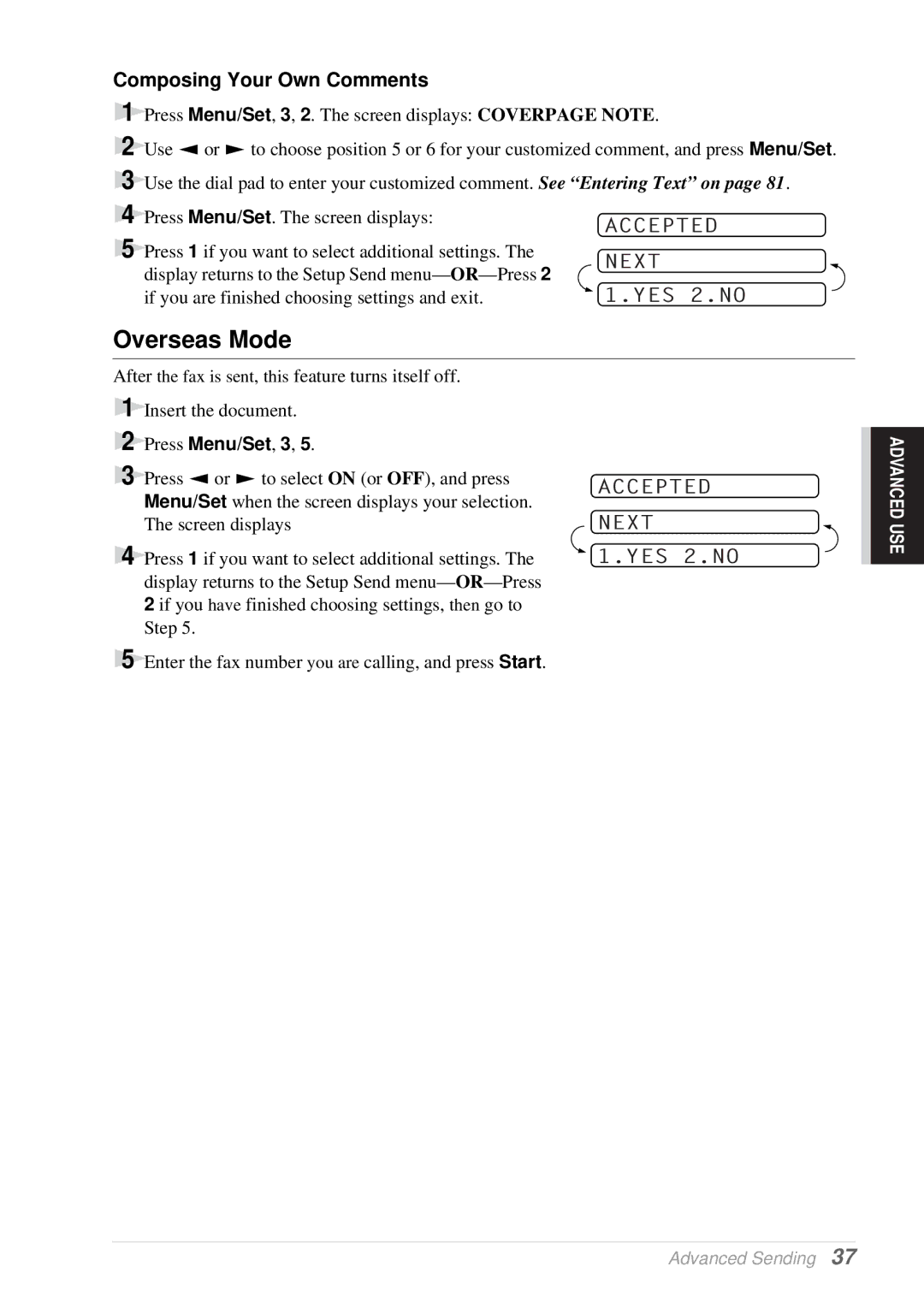 Brother T76, T74 owner manual Overseas Mode, Composing Your Own Comments 