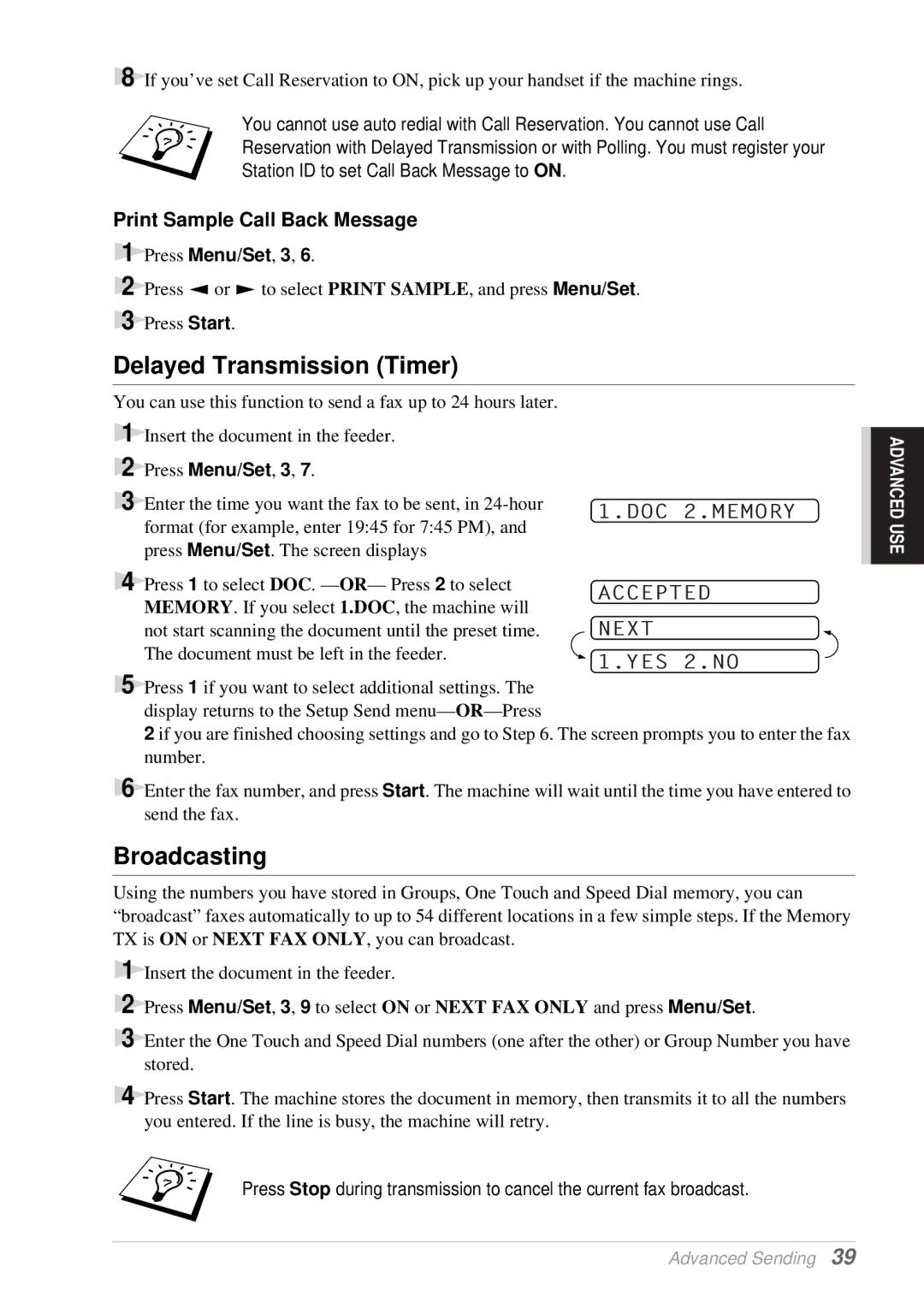 Brother T76, T74 owner manual Delayed Transmission Timer, Broadcasting, Print Sample Call Back Message 