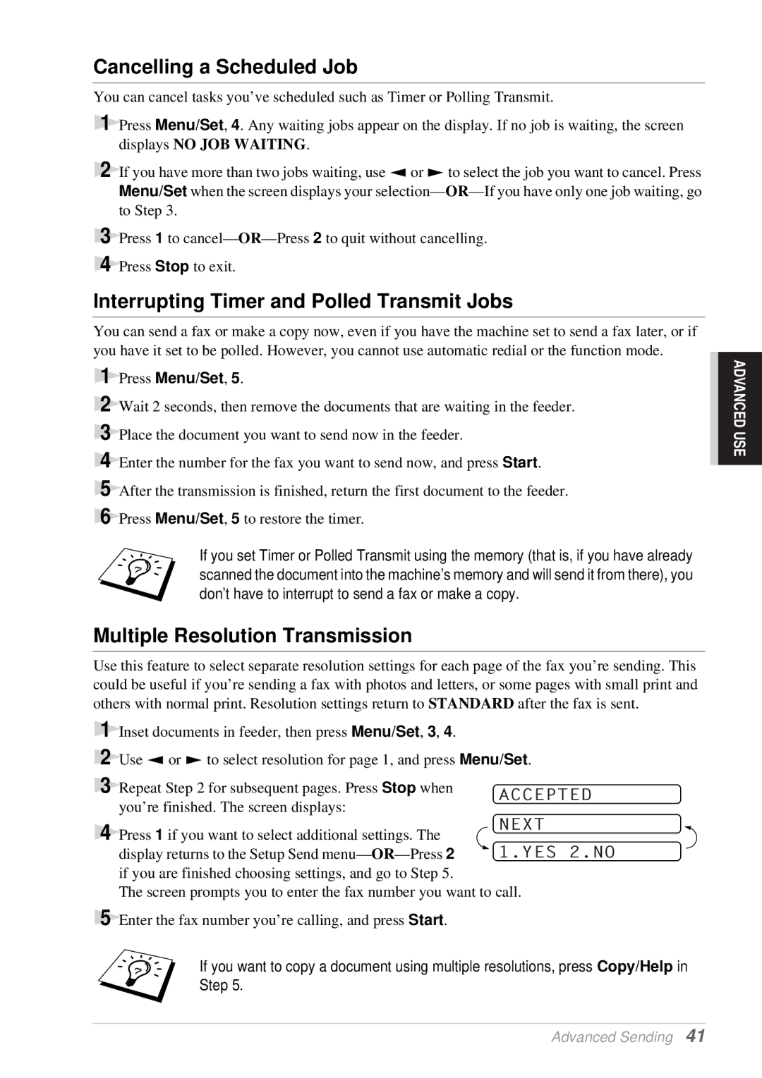 Brother T76, T74 Cancelling a Scheduled Job, Interrupting Timer and Polled Transmit Jobs, Multiple Resolution Transmission 