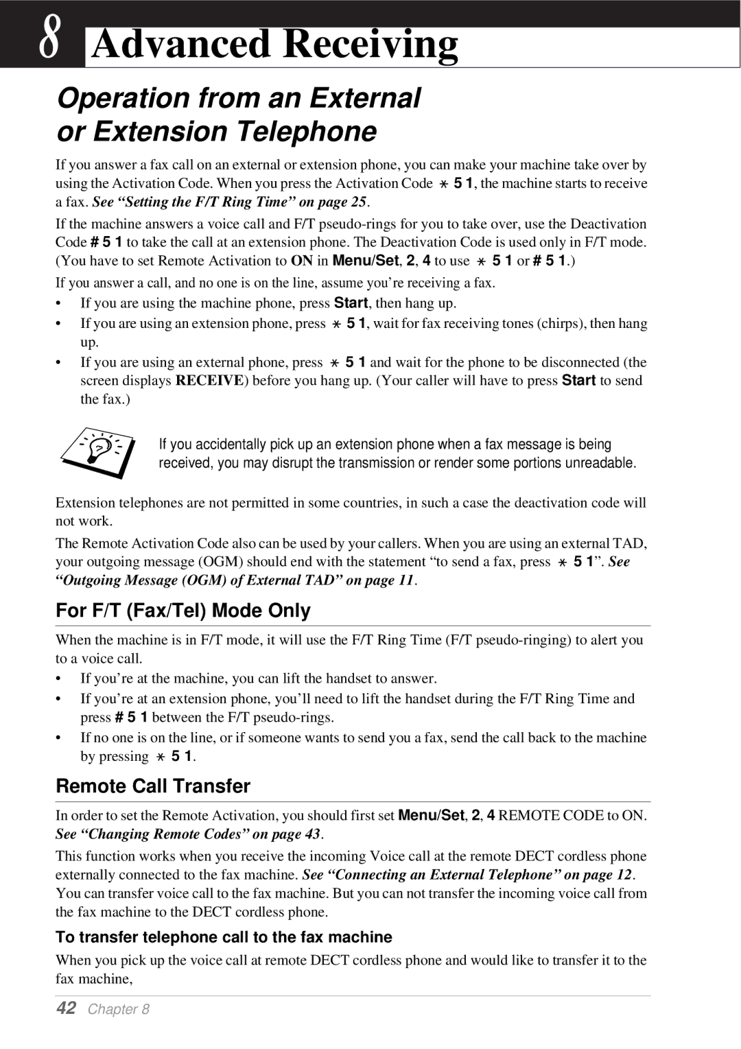 Brother T74, T76 Advanced Receiving, Operation from an External or Extension Telephone, For F/T Fax/Tel Mode Only 