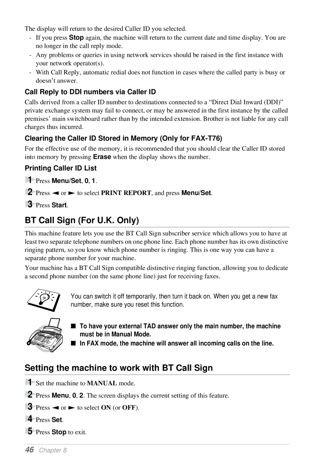 Brother T74, T76 BT Call Sign For U.K. Only, Setting the machine to work with BT Call Sign, Printing Caller ID List 