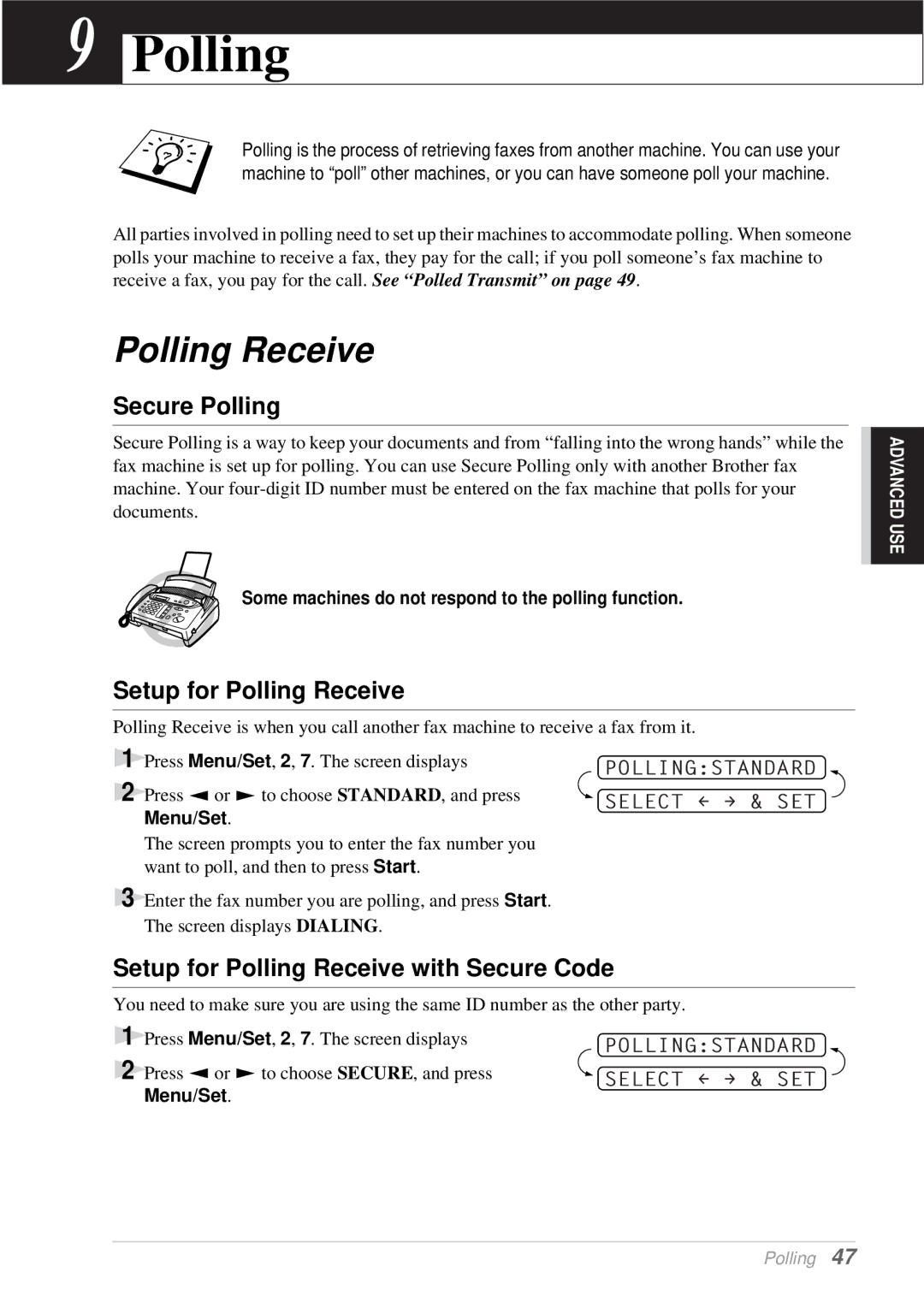 Brother T76, T74 owner manual Secure Polling, Setup for Polling Receive with Secure Code 