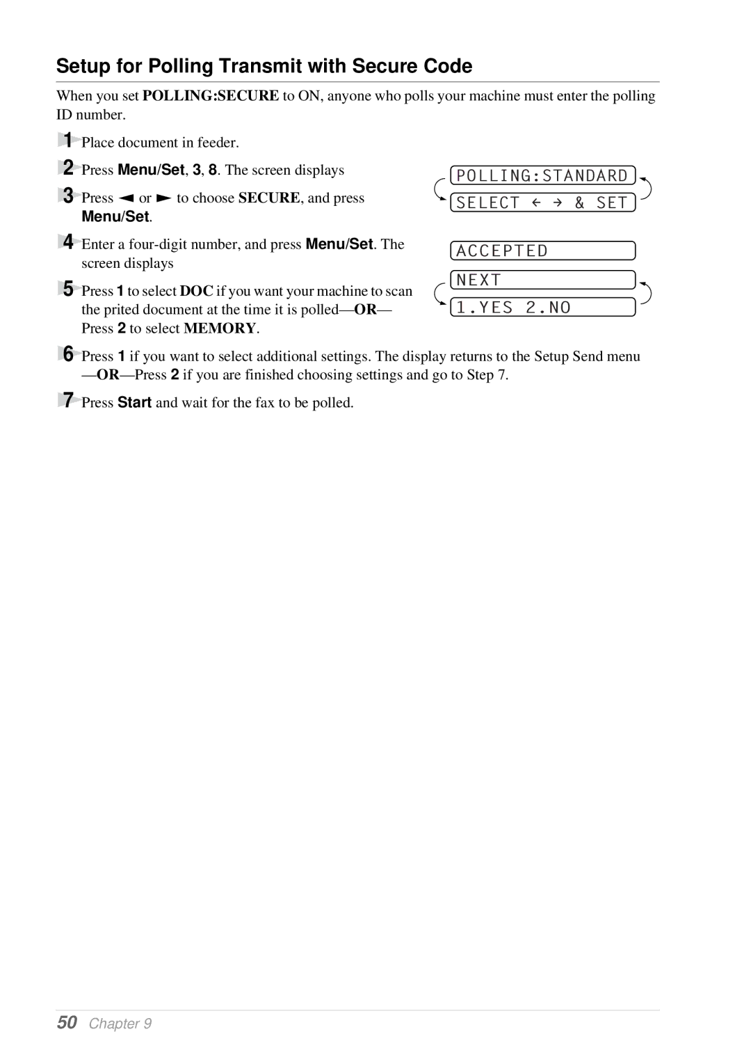 Brother T74, T76 owner manual Setup for Polling Transmit with Secure Code, Pollingstandard Select & SET 