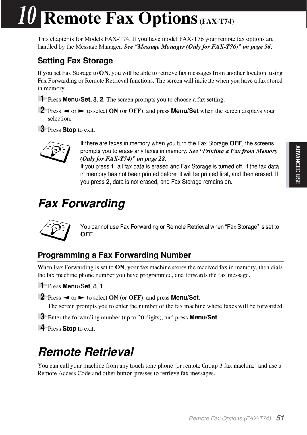 Brother T76 owner manual Remote Fax Options FAX-T74, Fax Forwarding, Remote Retrieval, Setting Fax Storage 