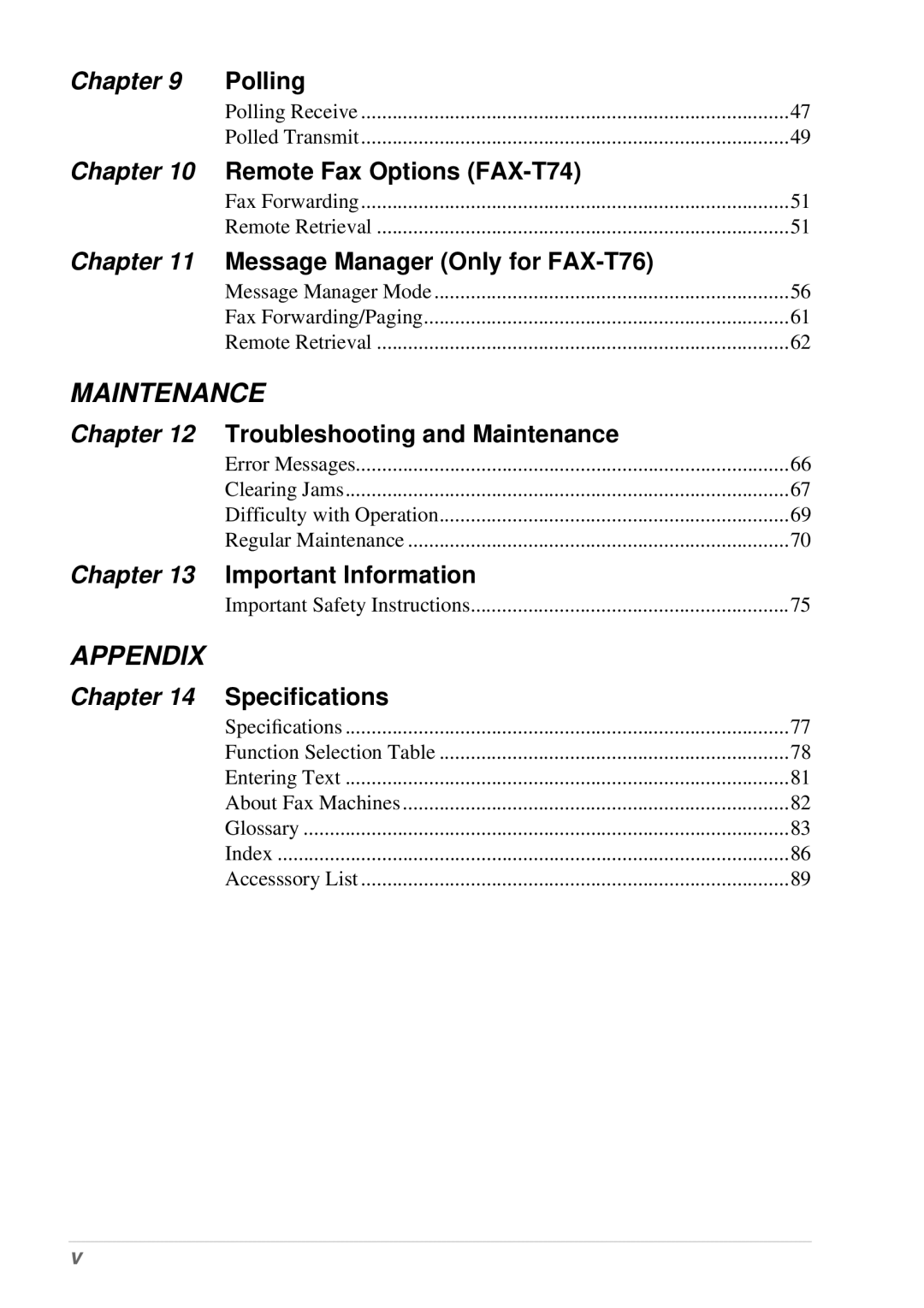 Brother Polling, Remote Fax Options FAX-T74, Message Manager Only for FAX-T76, Troubleshooting and Maintenance 