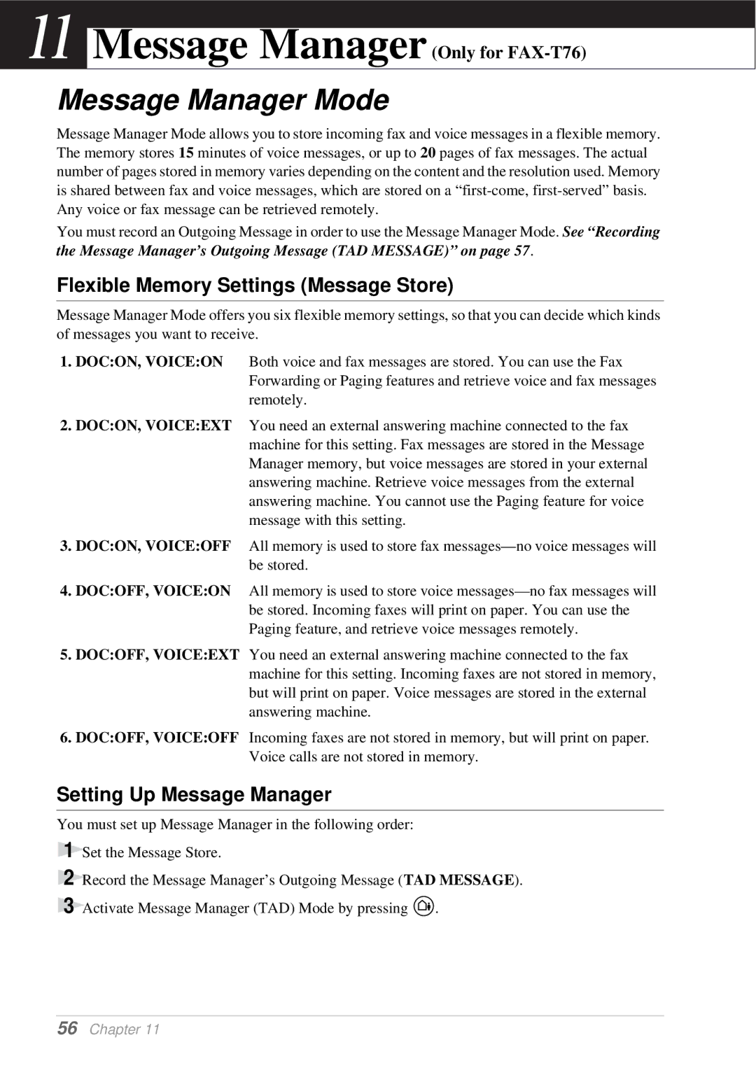 Brother T74, T76 owner manual Message Manager Mode, Flexible Memory Settings Message Store, Setting Up Message Manager 