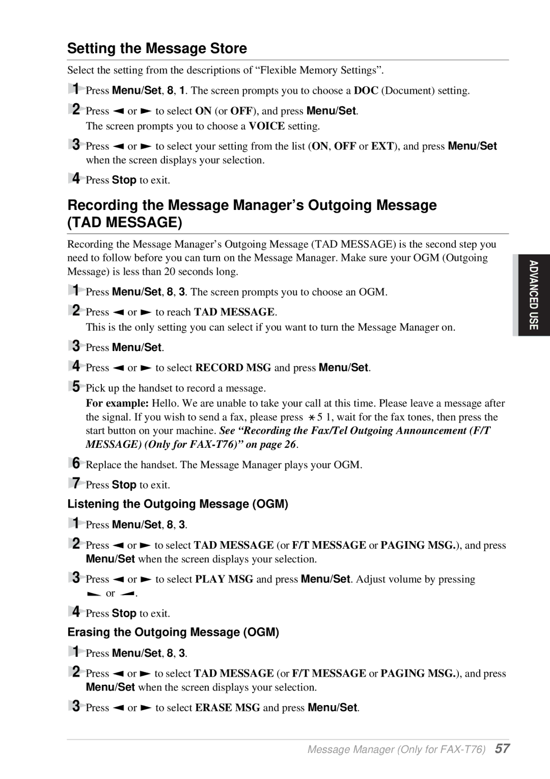 Brother T76 Setting the Message Store, Recording the Message Manager’s Outgoing Message, Erasing the Outgoing Message OGM 