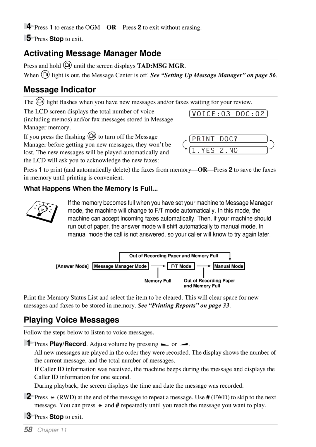 Brother T74, T76 Activating Message Manager Mode, Message Indicator, Playing Voice Messages, VOICE03 DOC02 Print DOC? 