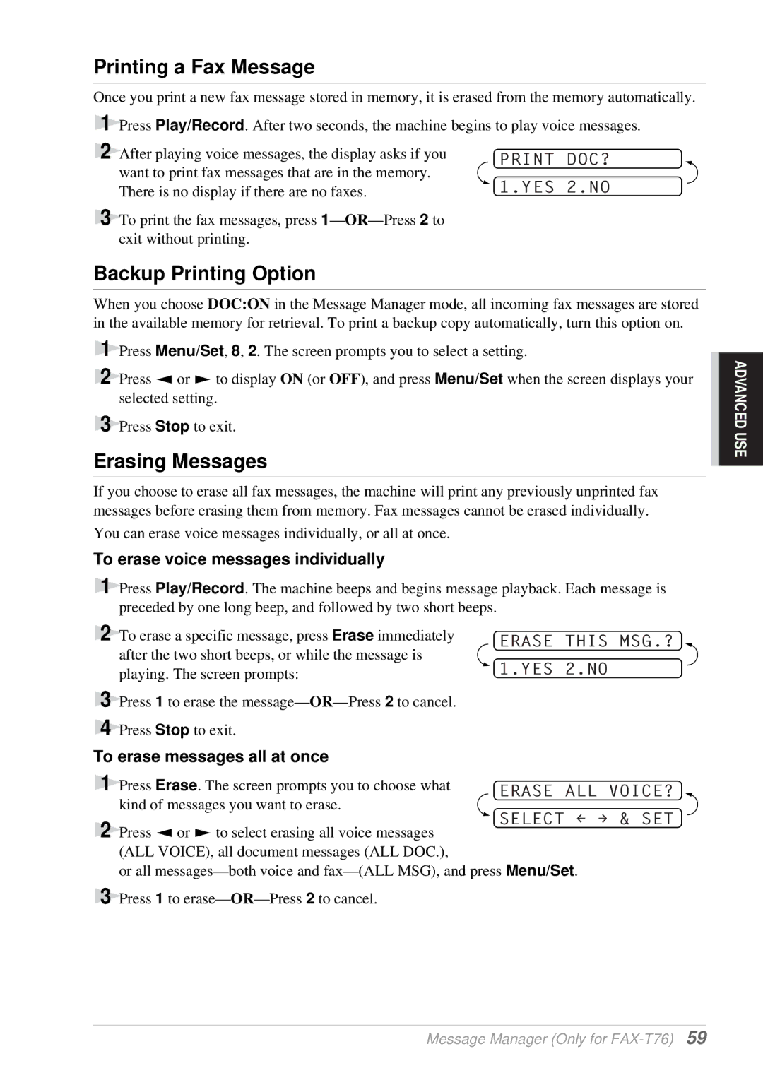 Brother T76, T74 Printing a Fax Message, Backup Printing Option, Erasing Messages, To erase voice messages individually 