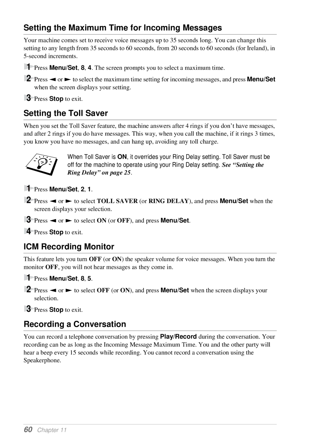 Brother T74 Setting the Maximum Time for Incoming Messages, Setting the Toll Saver, ICM Recording Monitor, Ring Delay on 