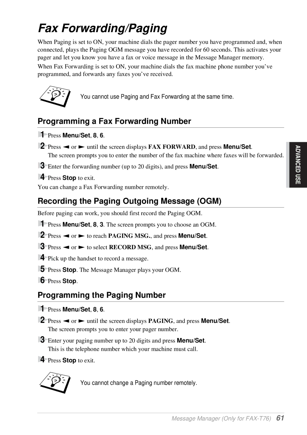 Brother T76, T74 Fax Forwarding/Paging, Recording the Paging Outgoing Message OGM, Programming the Paging Number 