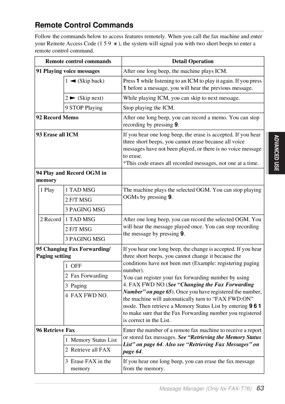 Brother T76, T74 owner manual Remote Control Commands, FAX FWD no See Changing the Fax Forwarding 