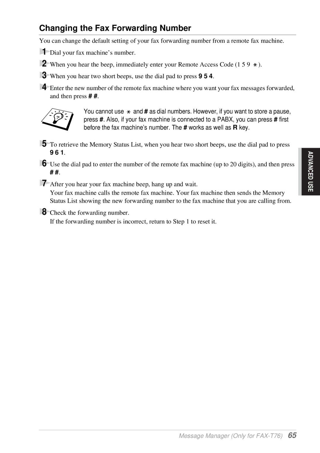 Brother T76, T74 owner manual Changing the Fax Forwarding Number 