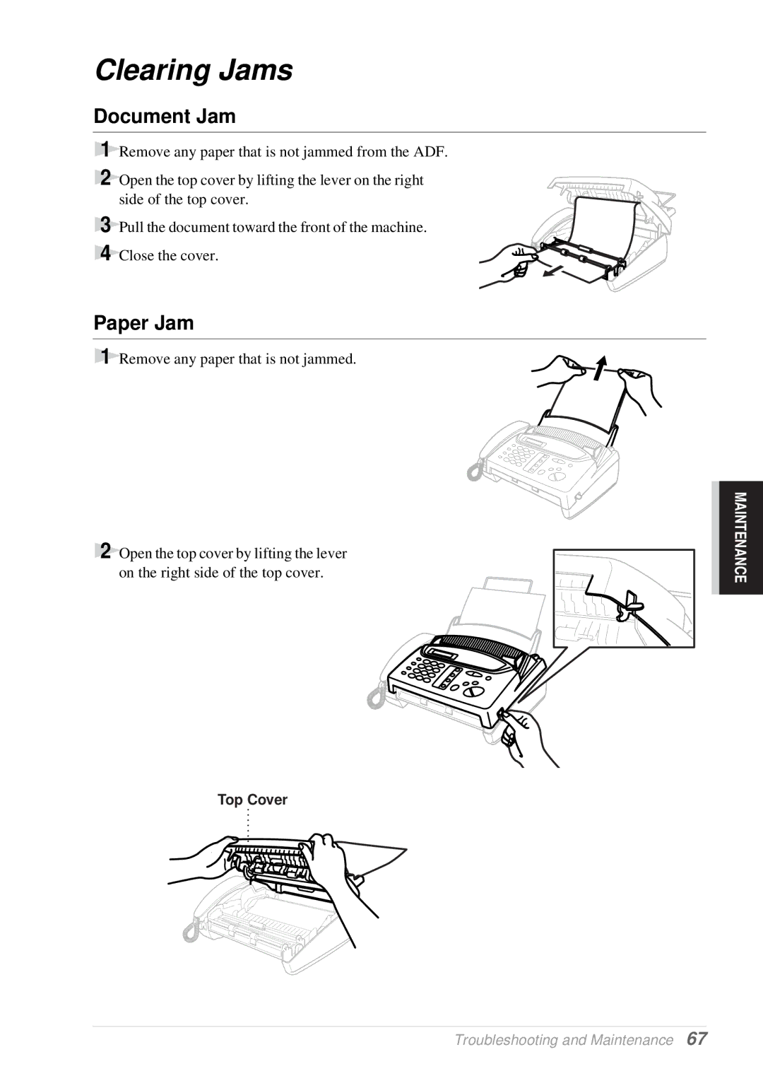 Brother T76, T74 owner manual Clearing Jams, Document Jam, Paper Jam, Top Cover 