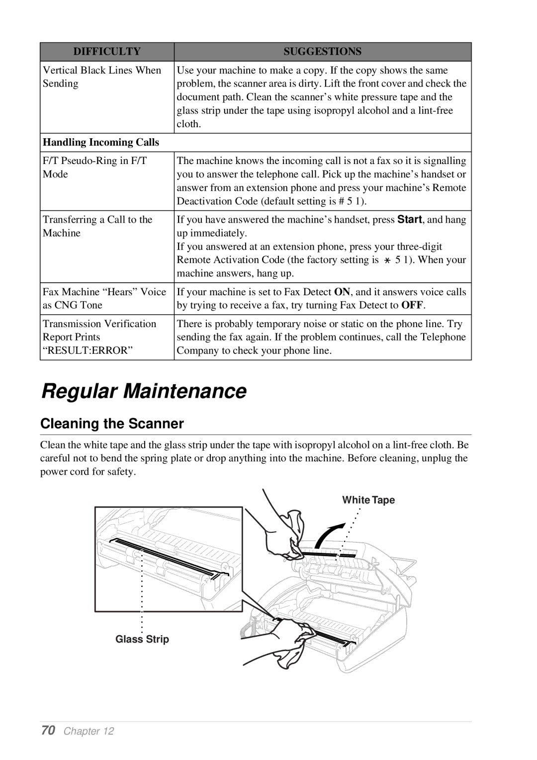 Brother T74, T76 owner manual Regular Maintenance, Cleaning the Scanner, Handling Incoming Calls, White Tape Glass Strip 