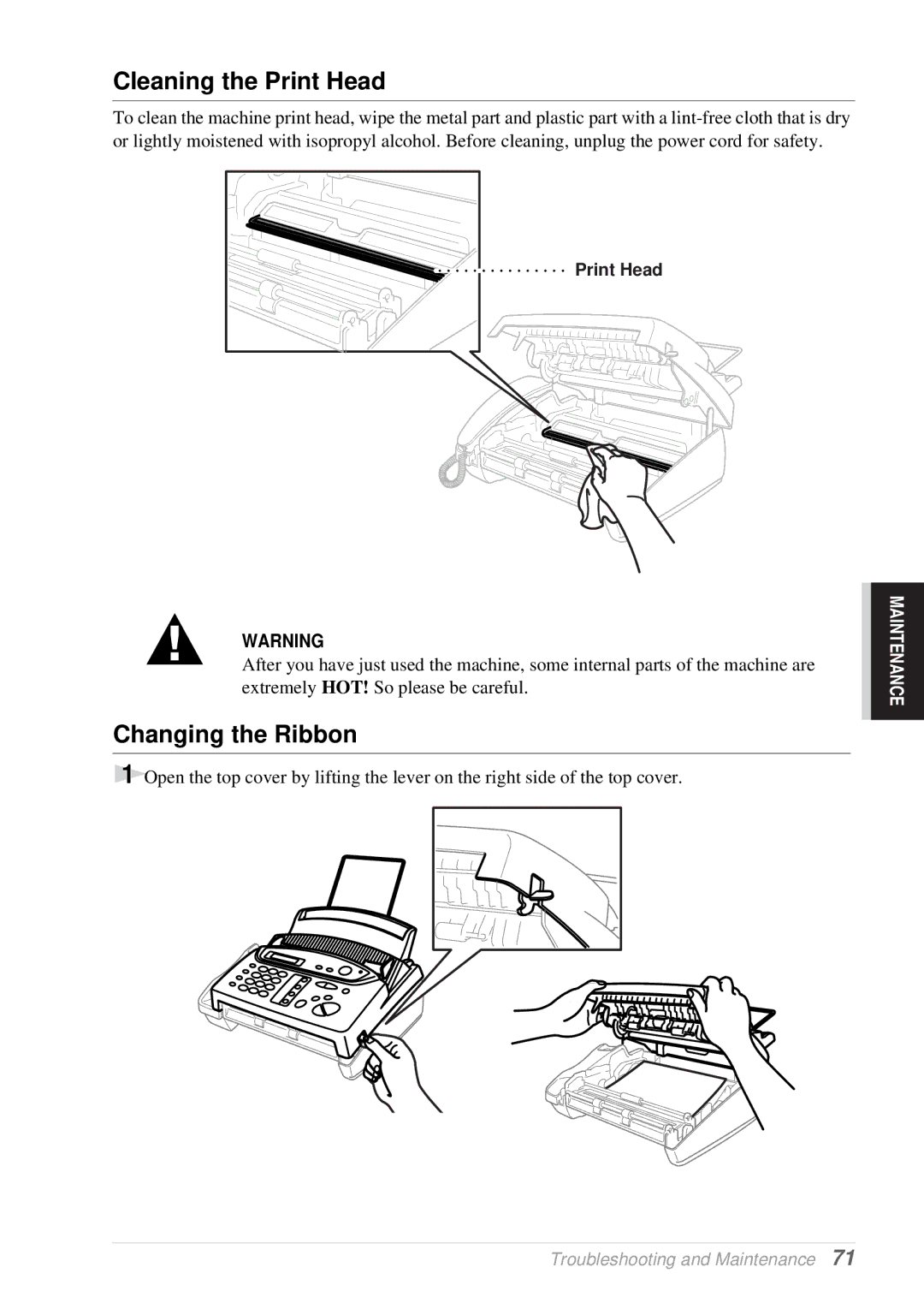 Brother T76, T74 owner manual Cleaning the Print Head, Changing the Ribbon 