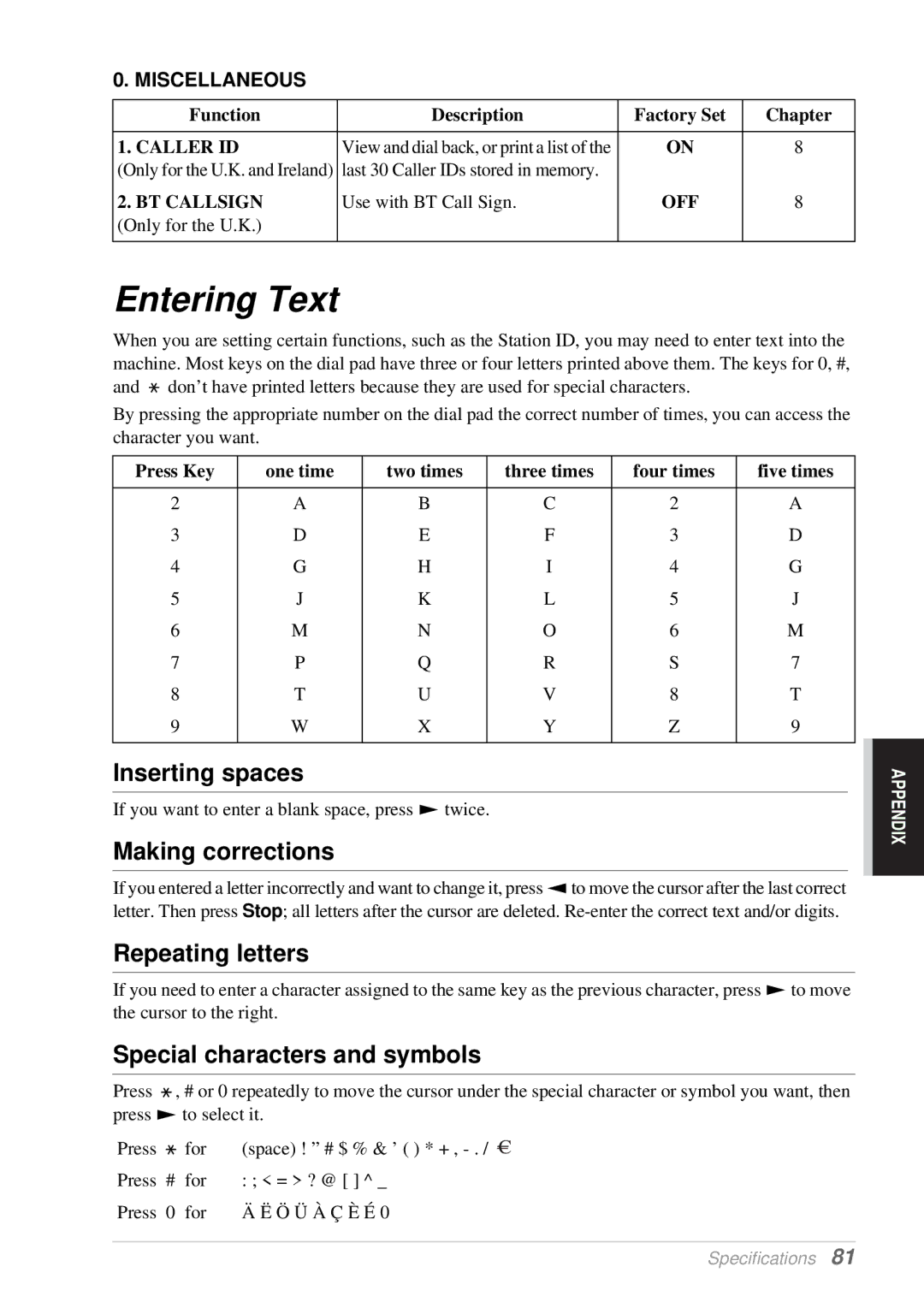 Brother T76, T74 Entering Text, Inserting spaces, Making corrections, Repeating letters, Special characters and symbols 