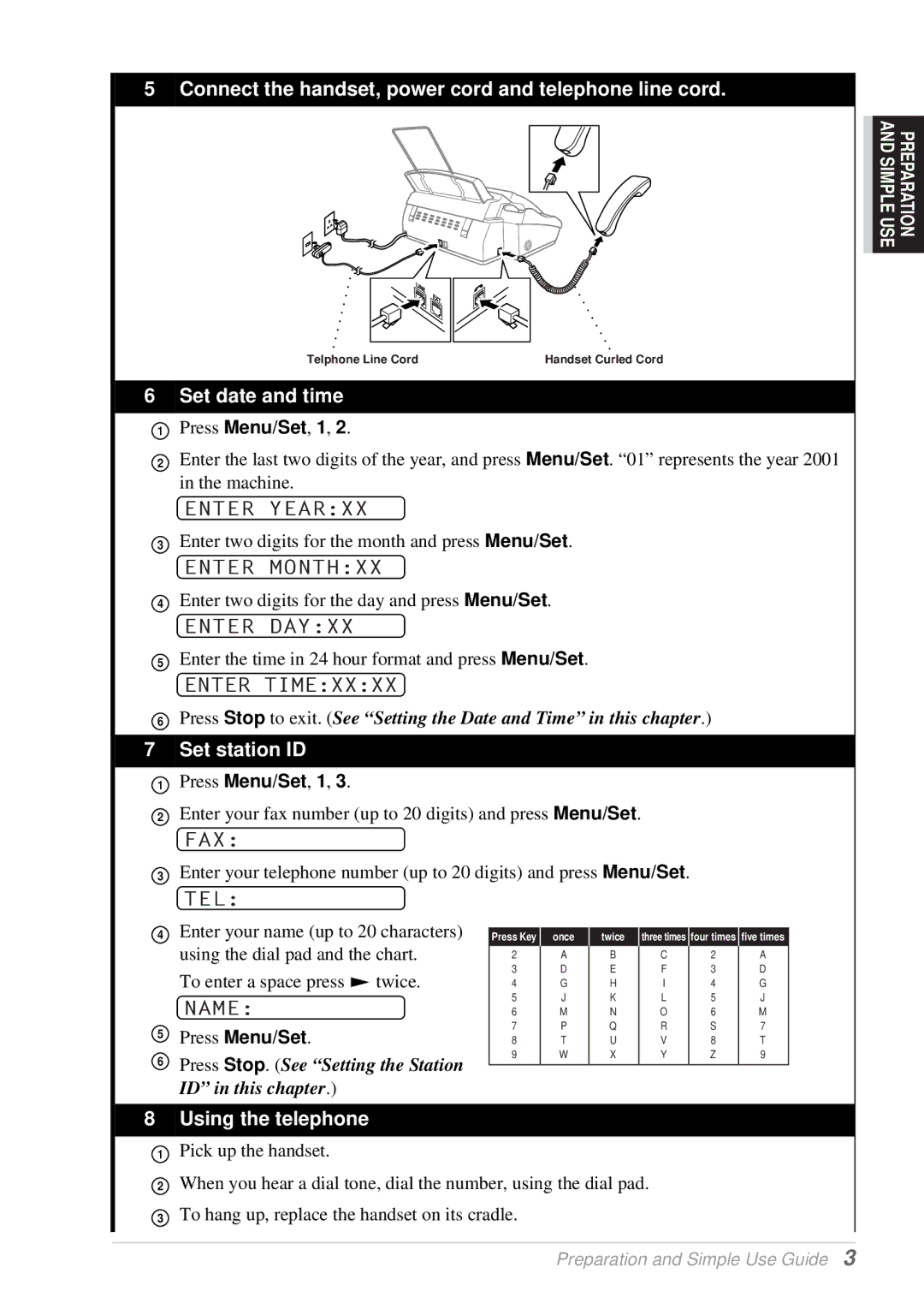 Brother T76, T74 owner manual Enter Yearxx, Enter Monthxx, Enter Dayxx, Enter Timexxxx, Fax, Tel, Name 