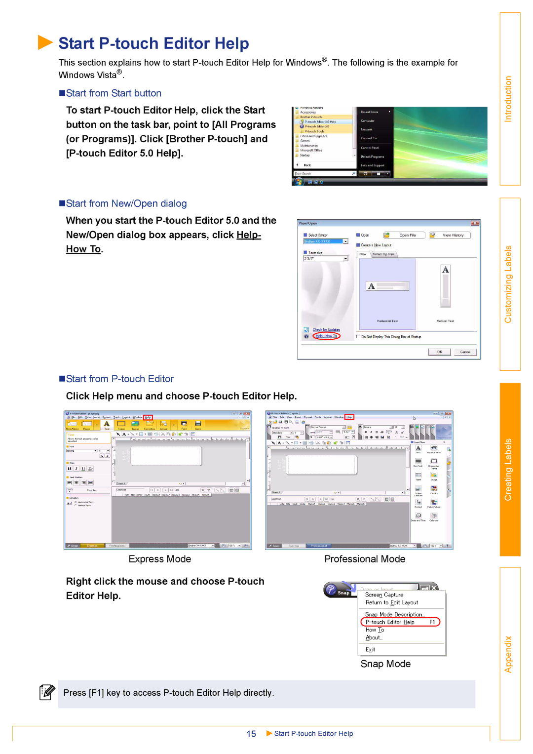 Brother TD-4000 appendix Start P-touch Editor Help, Click Help menu and choose P-touch Editor Help 