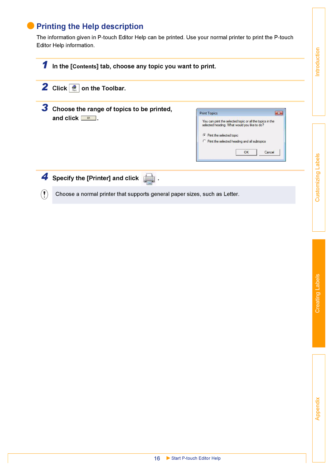 Brother TD-4000 appendix Printing the Help description, Specify the Printer and click 