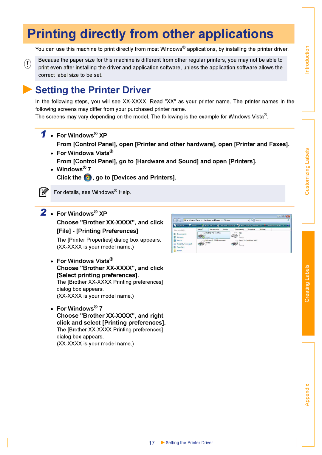 Brother TD-4000 appendix Printing directly from other applications, Setting the Printer Driver, For Windows 