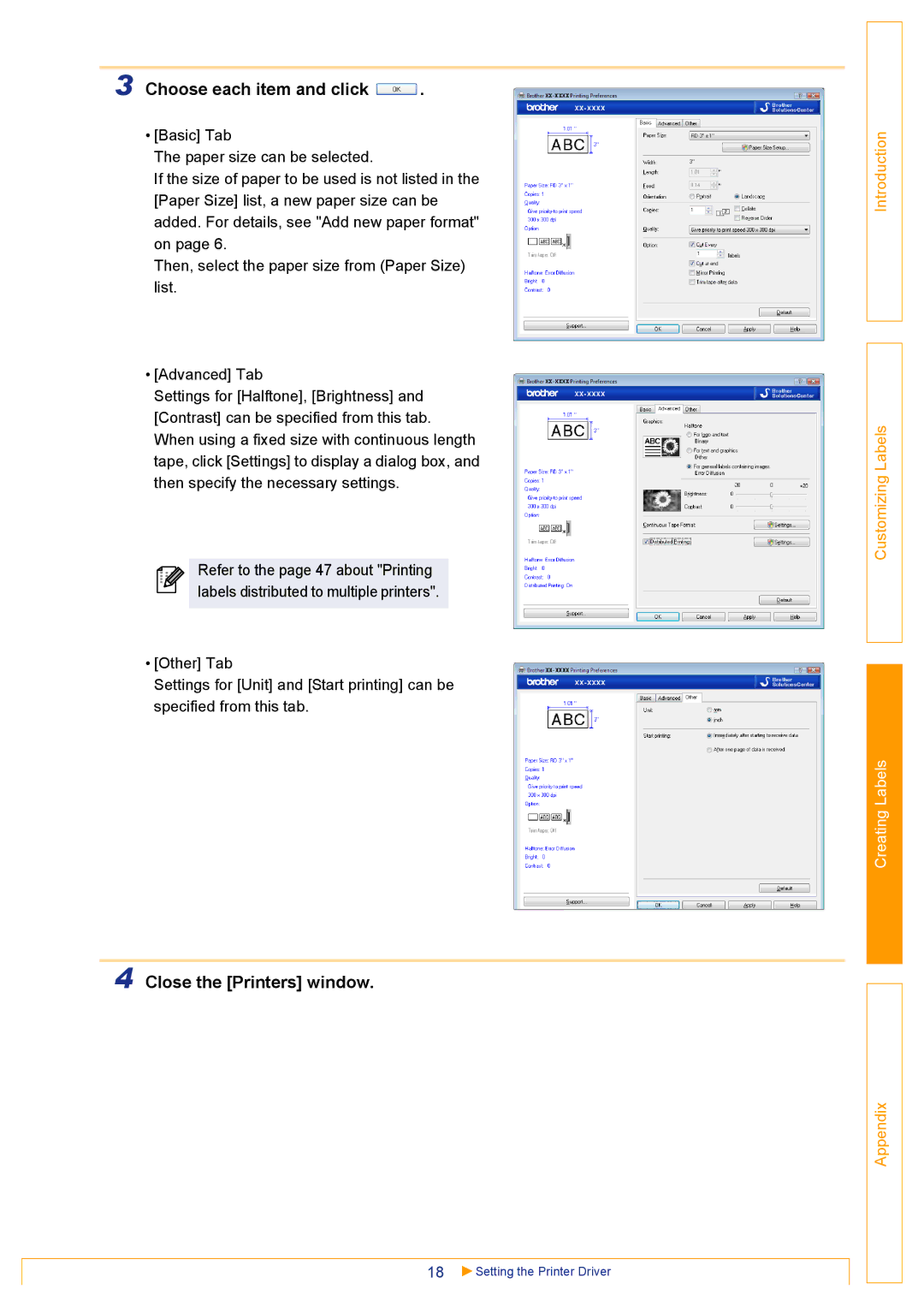 Brother TD-4000 appendix Choose each item and click, Close the Printers window 