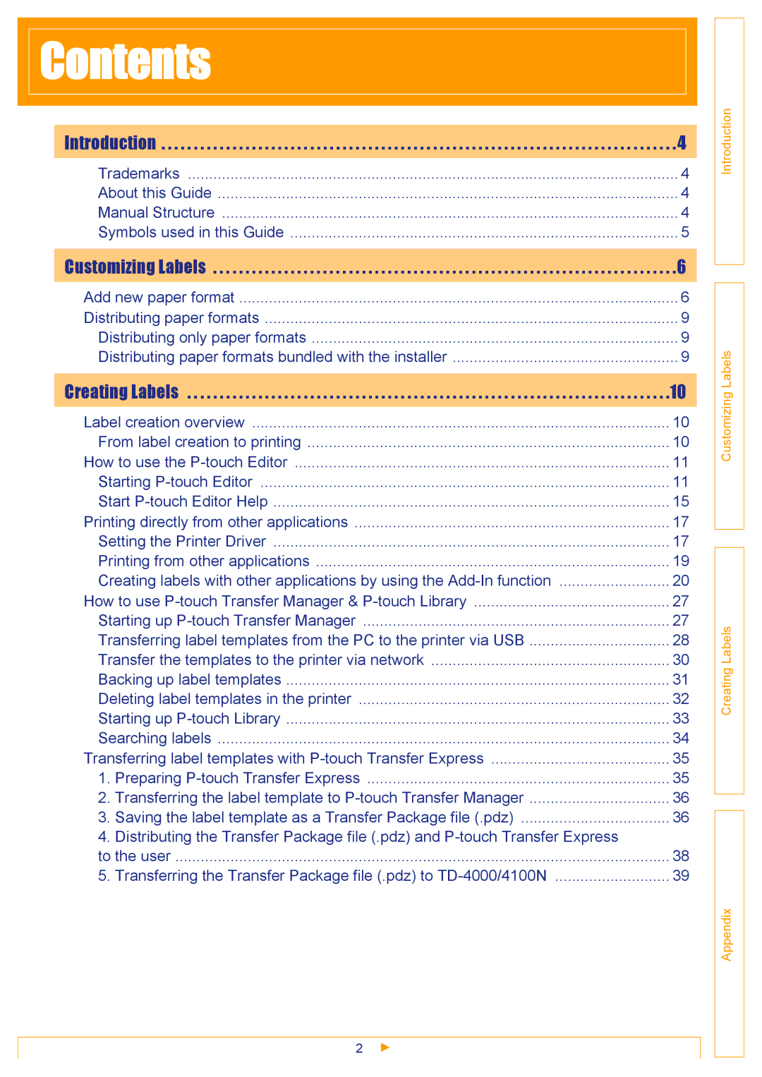 Brother TD-4000 appendix Contents 