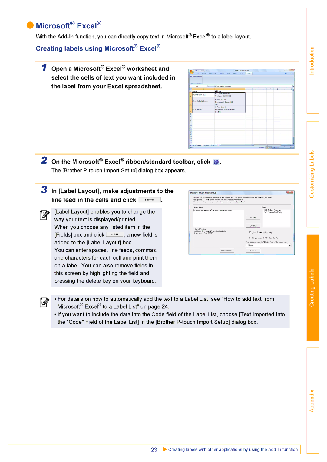 Brother TD-4000 appendix On the Microsoft Excel ribbon/standard toolbar, click 