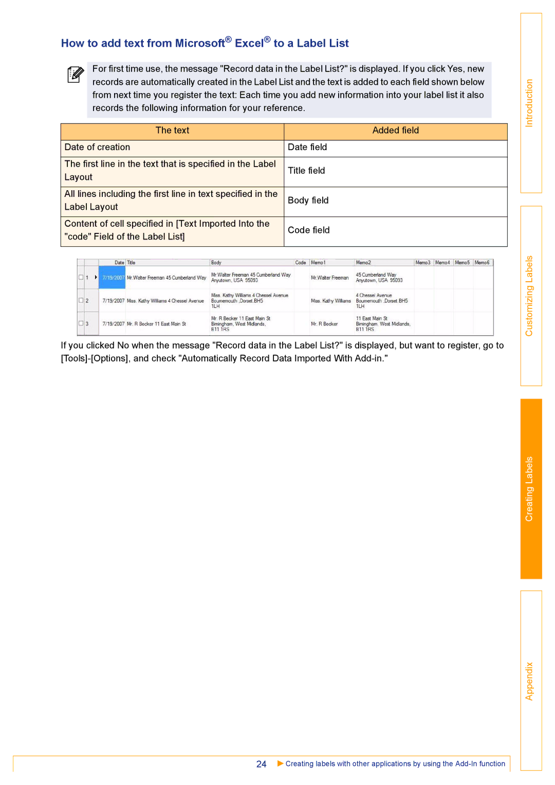 Brother TD-4000 appendix How to add text from Microsoft Excel to a Label List 