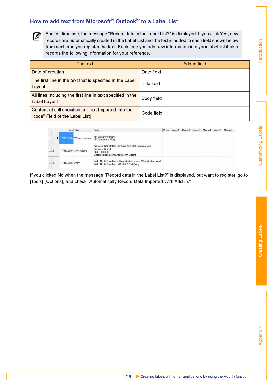 Brother TD-4000 appendix How to add text from Microsoft Outlook to a Label List 