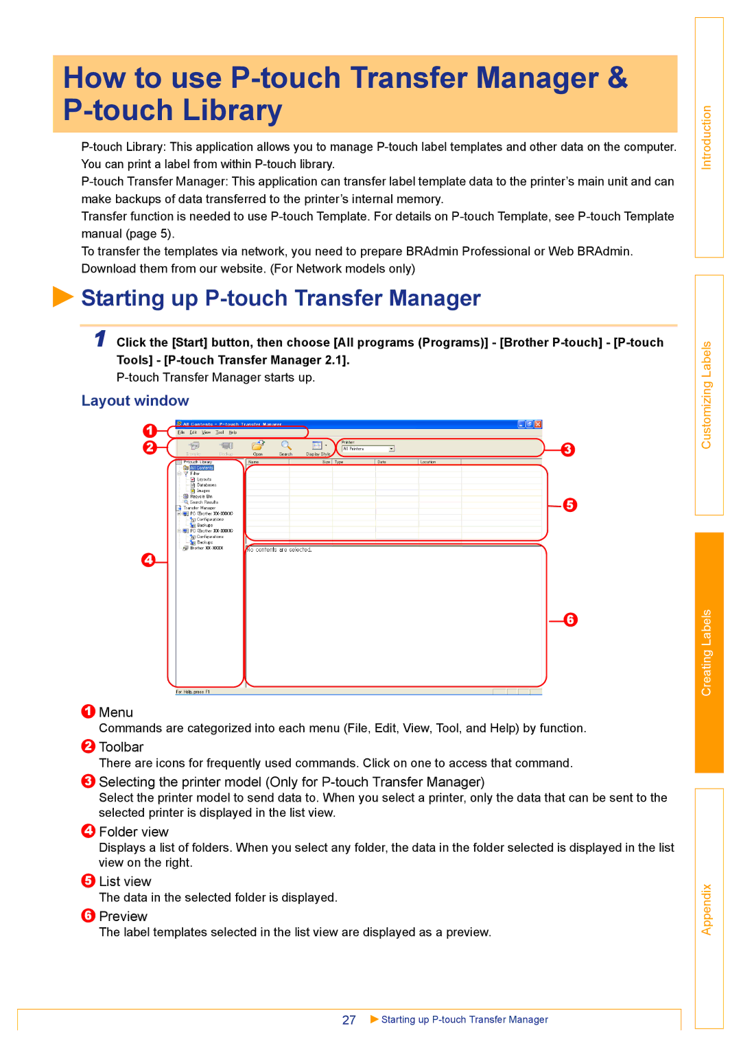 Brother TD-4000 appendix How to use P-touch Transfer Manager & P-touch Library, Starting up P-touch Transfer Manager 