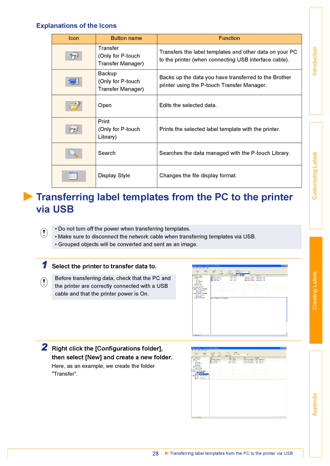 Brother TD-4000 appendix Explanations of the Icons, Select the printer to transfer data to 