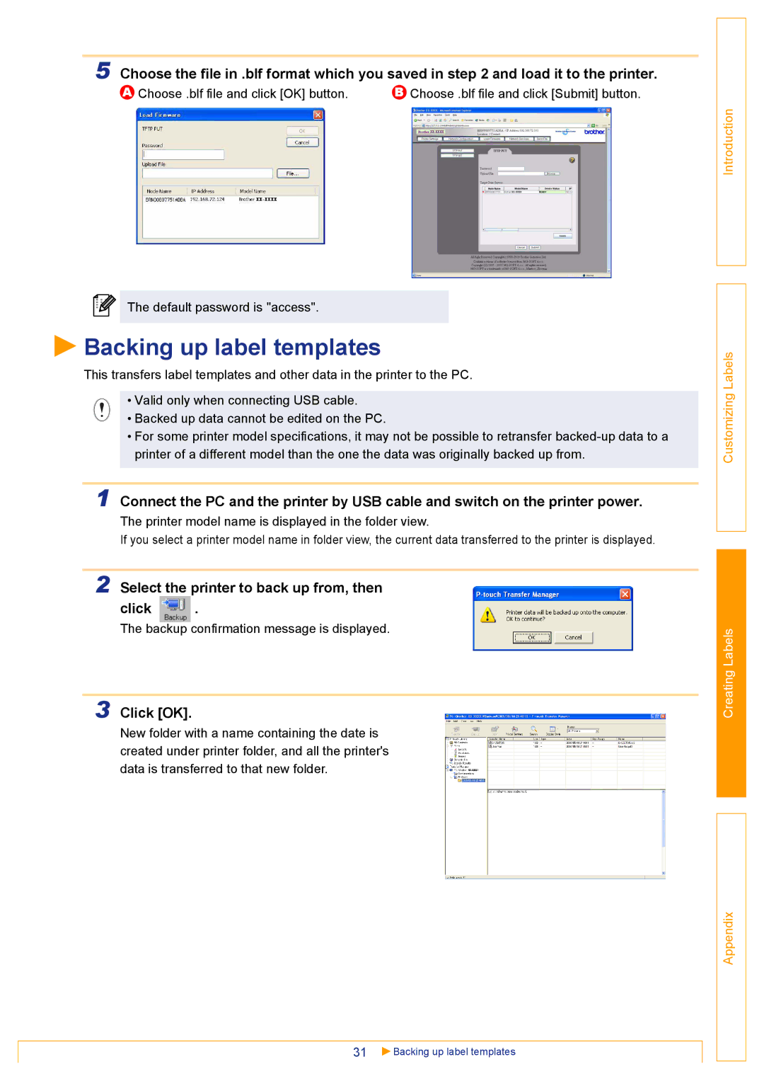 Brother TD-4000 appendix Backing up label templates, Select the printer to back up from, then Click 