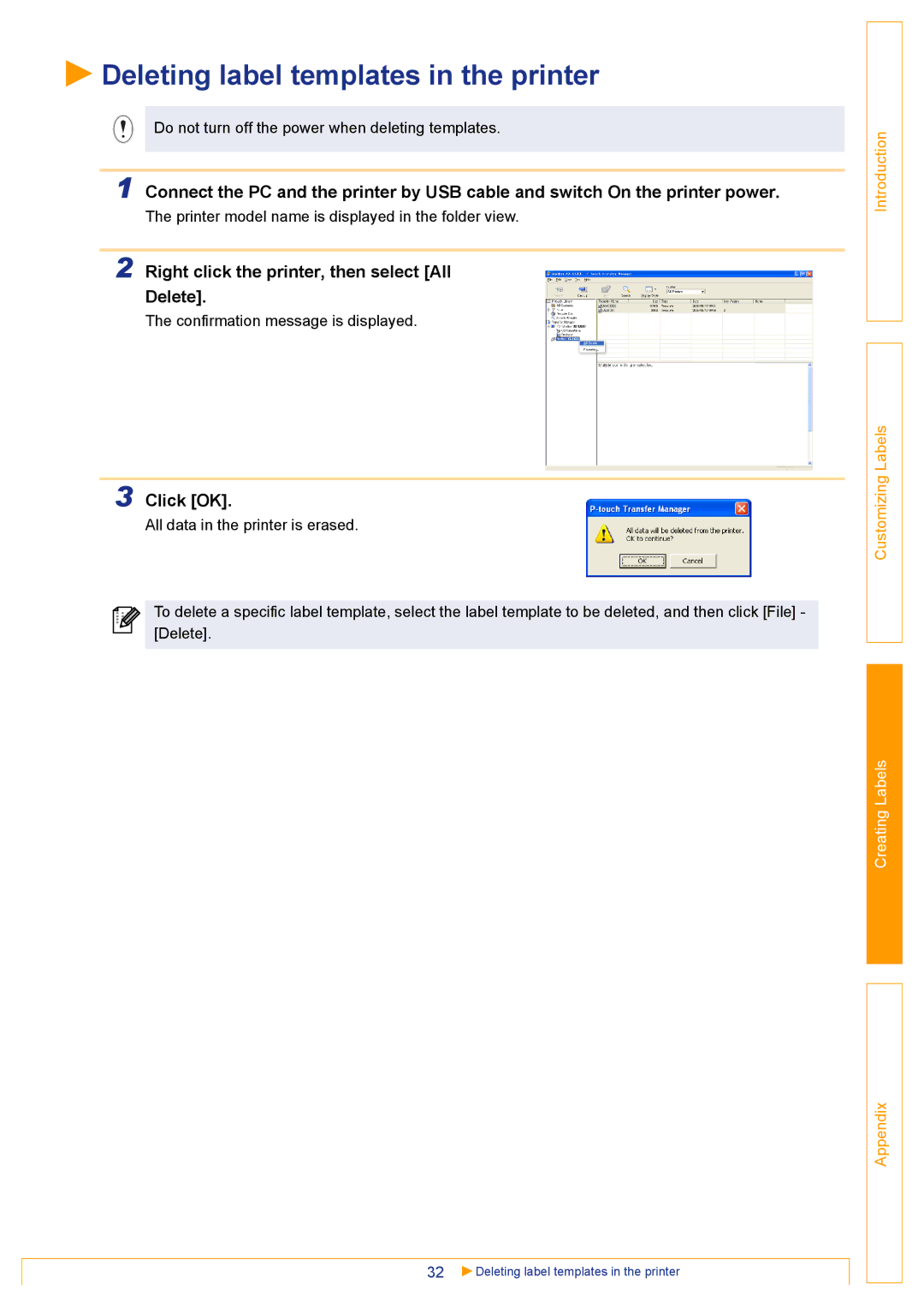 Brother TD-4000 appendix Deleting label templates in the printer, Right click the printer, then select All Delete 