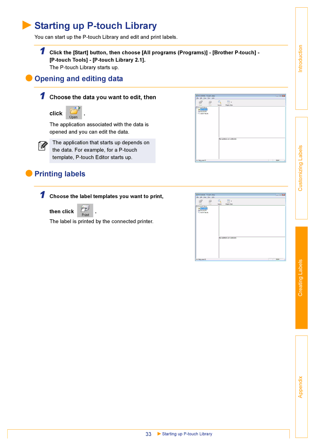 Brother TD-4000 appendix Starting up P-touch Library, Opening and editing data, Printing labels 