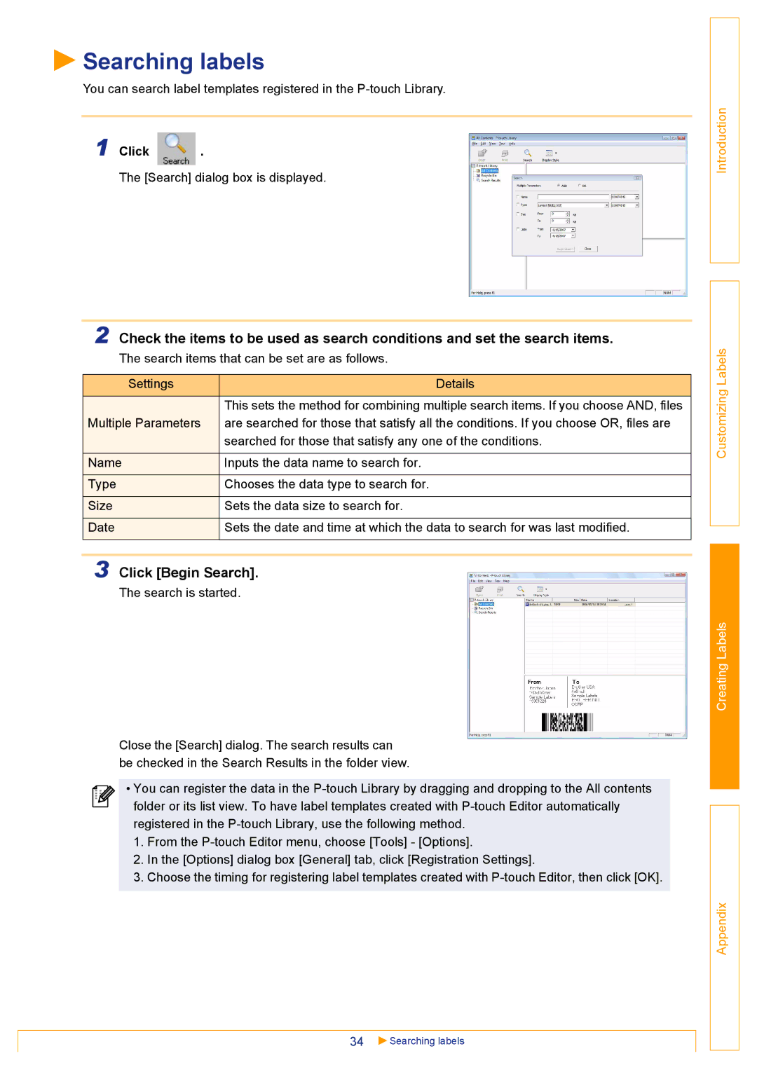 Brother TD-4000 appendix Searching labels, Click Begin Search 