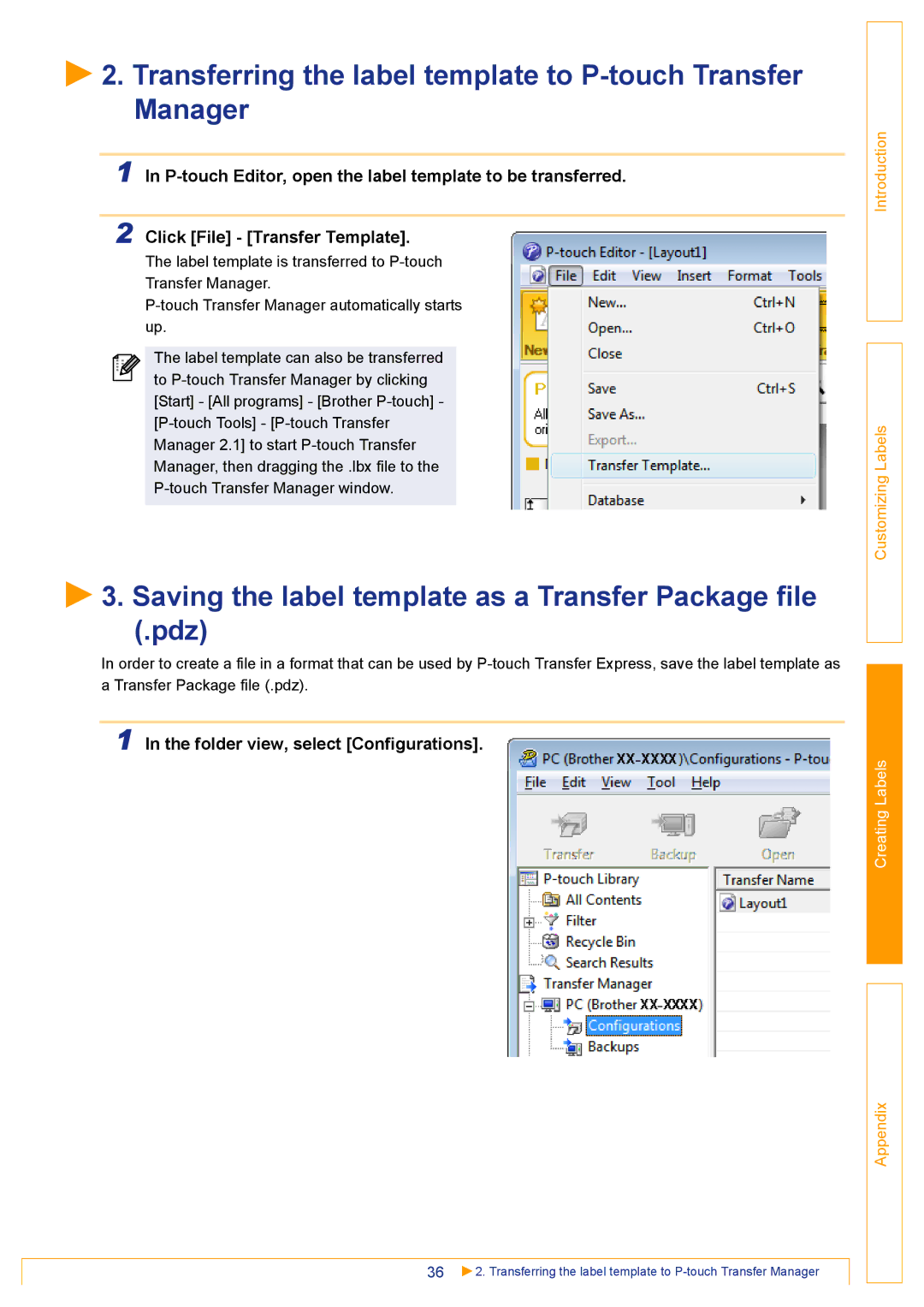 Brother TD-4000 appendix Transferring the label template to P-touch Transfer Manager, Folder view, select Configurations 