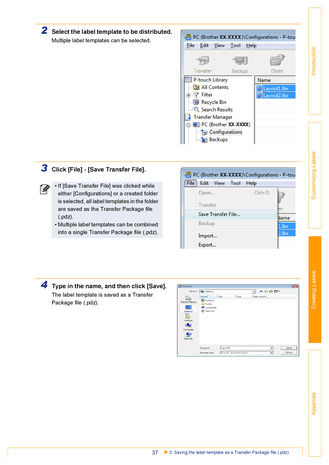 Brother TD-4000 appendix Select the label template to be distributed, Click File Save Transfer File 