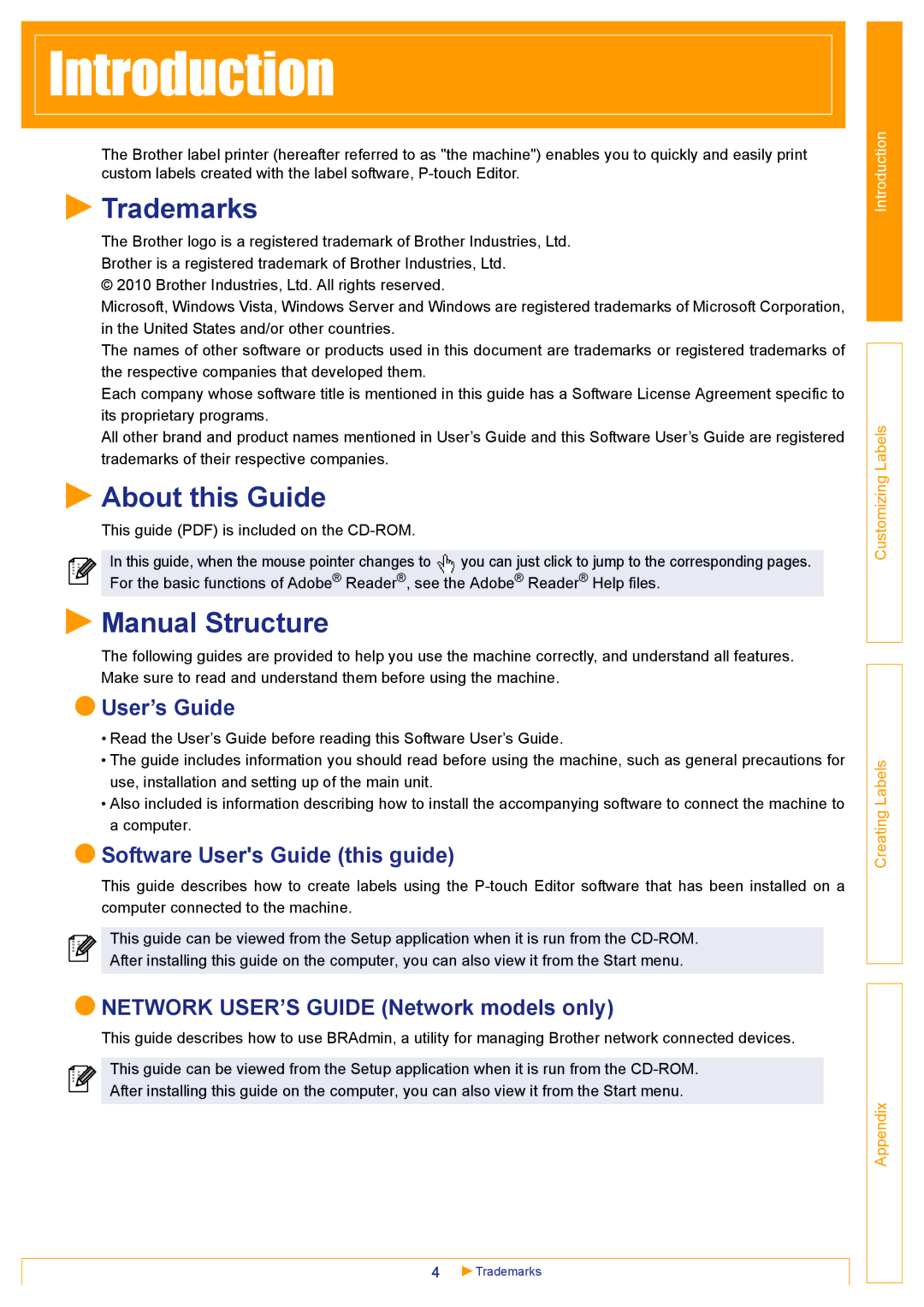 Brother TD-4000 appendix Trademarks, About this Guide, Manual Structure 