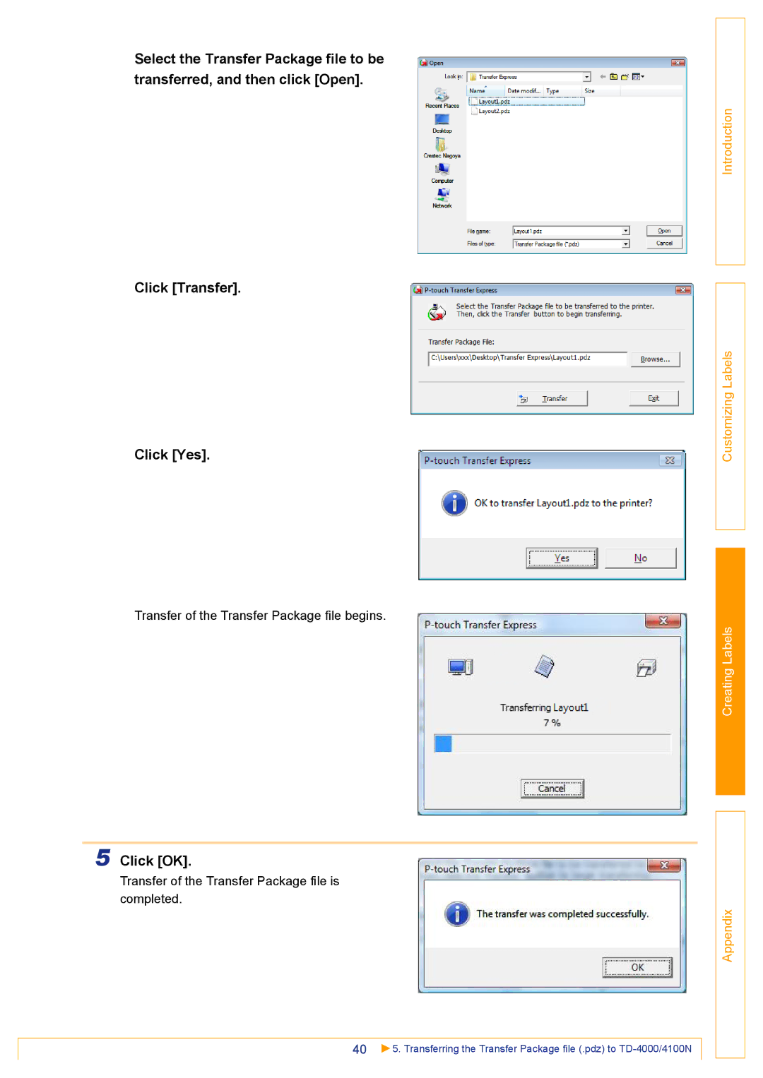 Brother TD-4000 appendix Click Transfer Click Yes, Click OK 